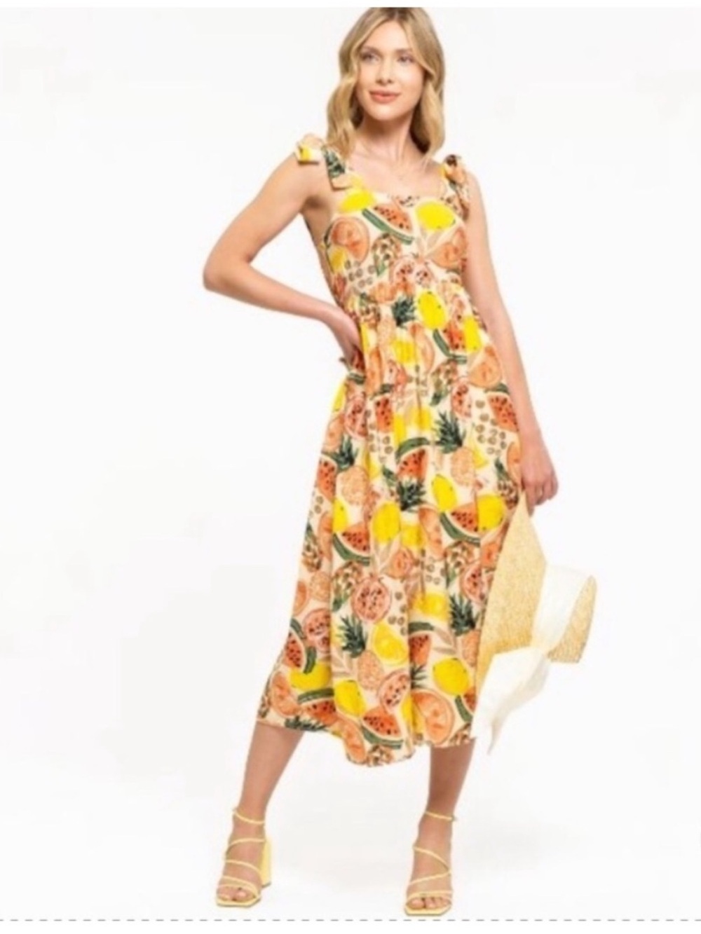 August Sky Fruit Print Tie Strap Midi Dress Size Large Tropical Summer Vacation
